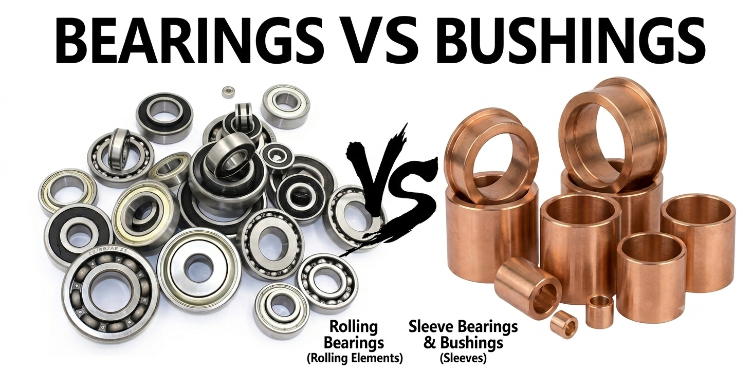 Bearing vs. bushing comparison: a rolling-element bearing alongside a plain bronze bushing