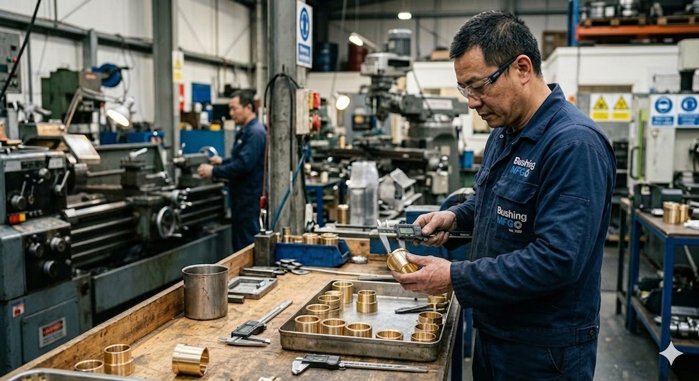 Quality control expert inspecting bronze bushing manufacturing components