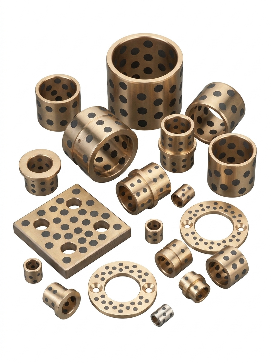 Bronze bushings with solid lubricant plugs for heavy load sliding applications