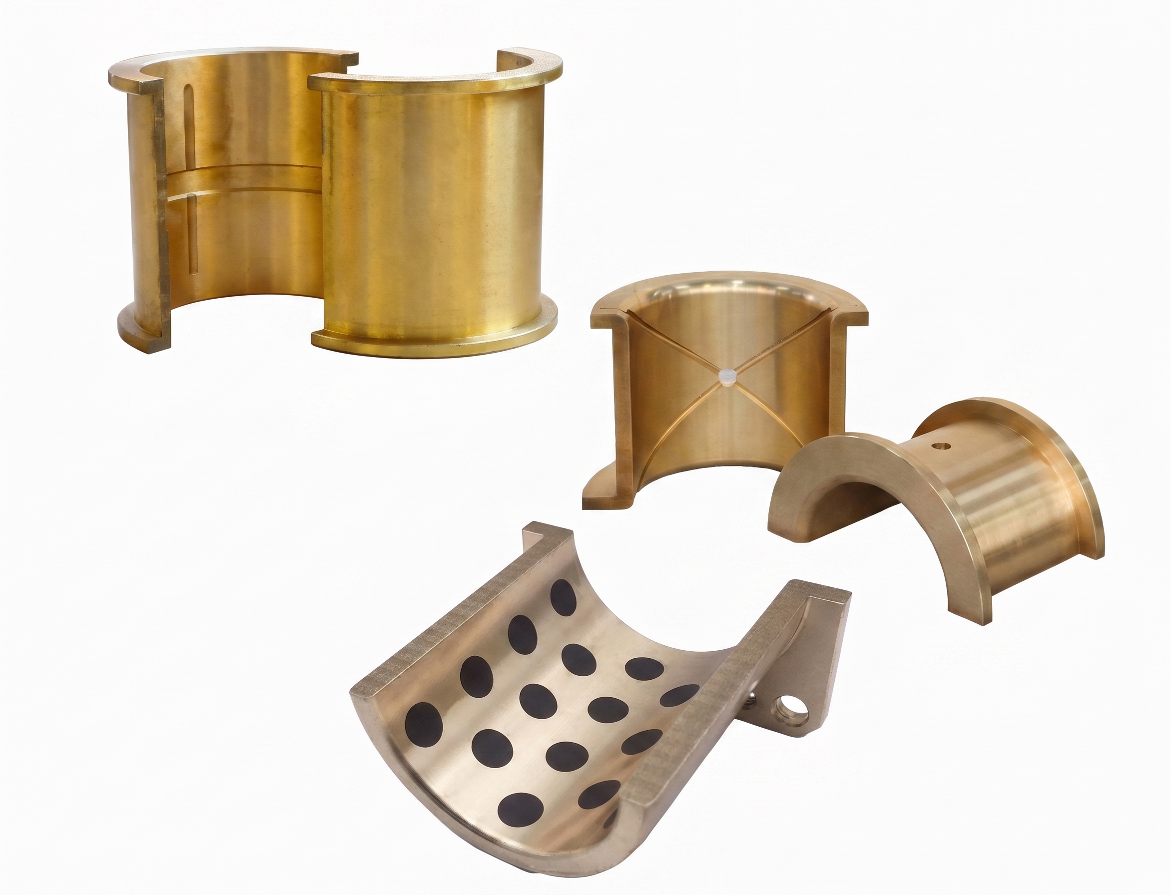 Split bronze bushings for serviceable bearing assemblies and replacement parts