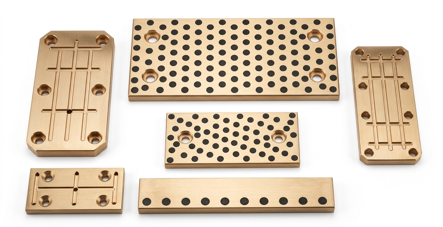 Bronze wear plates and guide strips for sliding surfaces and tooling